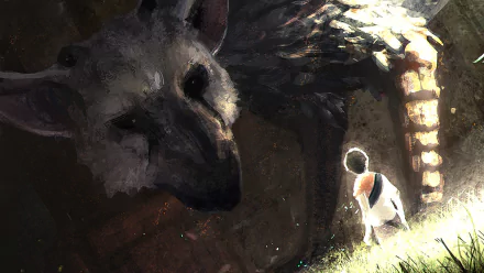 HD desktop wallpaper of The Last Guardian video game, featuring a close-up of the creature Trico and a small boy in a mystical, shadowy setting.