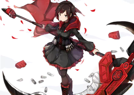 HD PC desktop wallpaper featuring Ruby Rose from the anime RWBY, depicted in dynamic action with her signature red cape and weapon surrounded by rose petals.