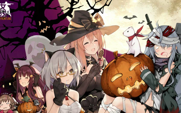 HD Girls Frontline PC desktop wallpaper featuring anime-style characters in Halloween costumes with pumpkins and a spooky background.