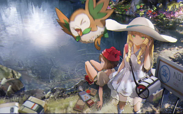 Lillie (Pokemon) Selene (Pokémon) Rowlet (Pokémon) video game Pokémon: Sun and Moon HD Desktop Wallpaper | Background Image