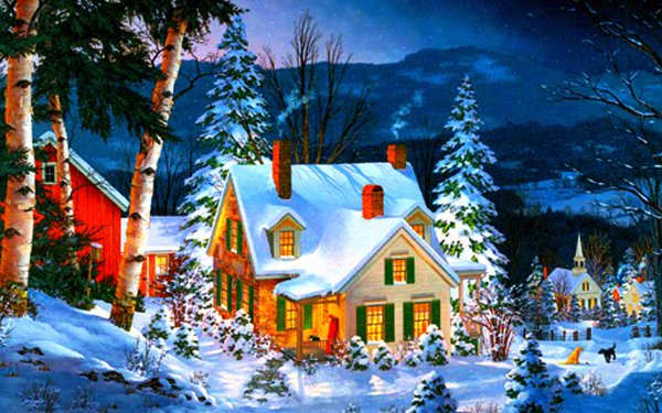 Artistic Winter House Street Snow Tree HD Wallpaper | Background Image