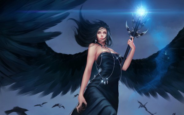 Fantasy Angel Wings Magic Black Dress Black Hair HD Wallpaper | Background Image