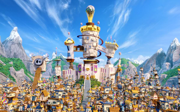 HD desktop wallpaper from The Angry Birds Movie featuring a vibrant, animated town with a grand castle and detailed mountains in the background.