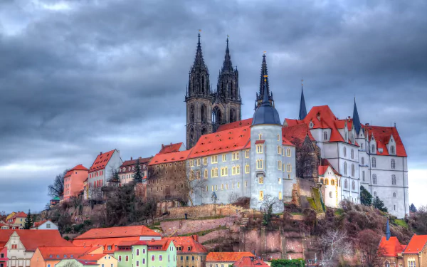 HDR 5K Ultra HD wallpaper of Meissen's hilltop Albrechtsburg and cathedral, red‑roofed historic town architecture in Saxony, Germany.