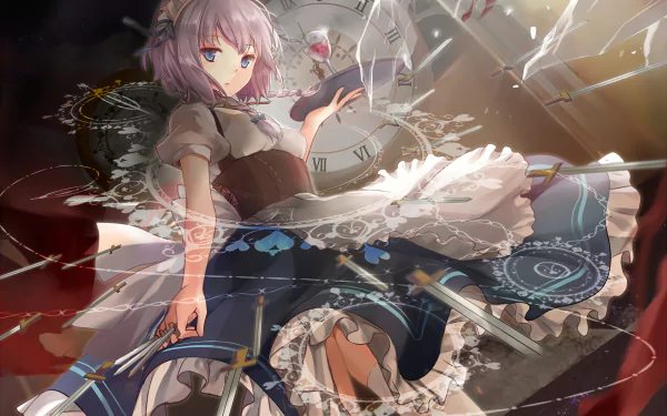 HD anime desktop wallpaper featuring Sakuya Izayoi from Touhou, depicted with dynamic motion and intricate clock-themed elements.