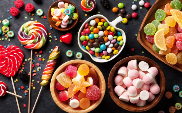 A vibrant 4K Ultra HD desktop wallpaper featuring colorful lollipops, assorted sweets, marshmallows, and candy scattered on a dark background.