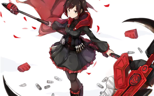 HD PC desktop wallpaper featuring Ruby Rose from the anime RWBY, depicted in dynamic action with her signature red cape and weapon surrounded by rose petals.