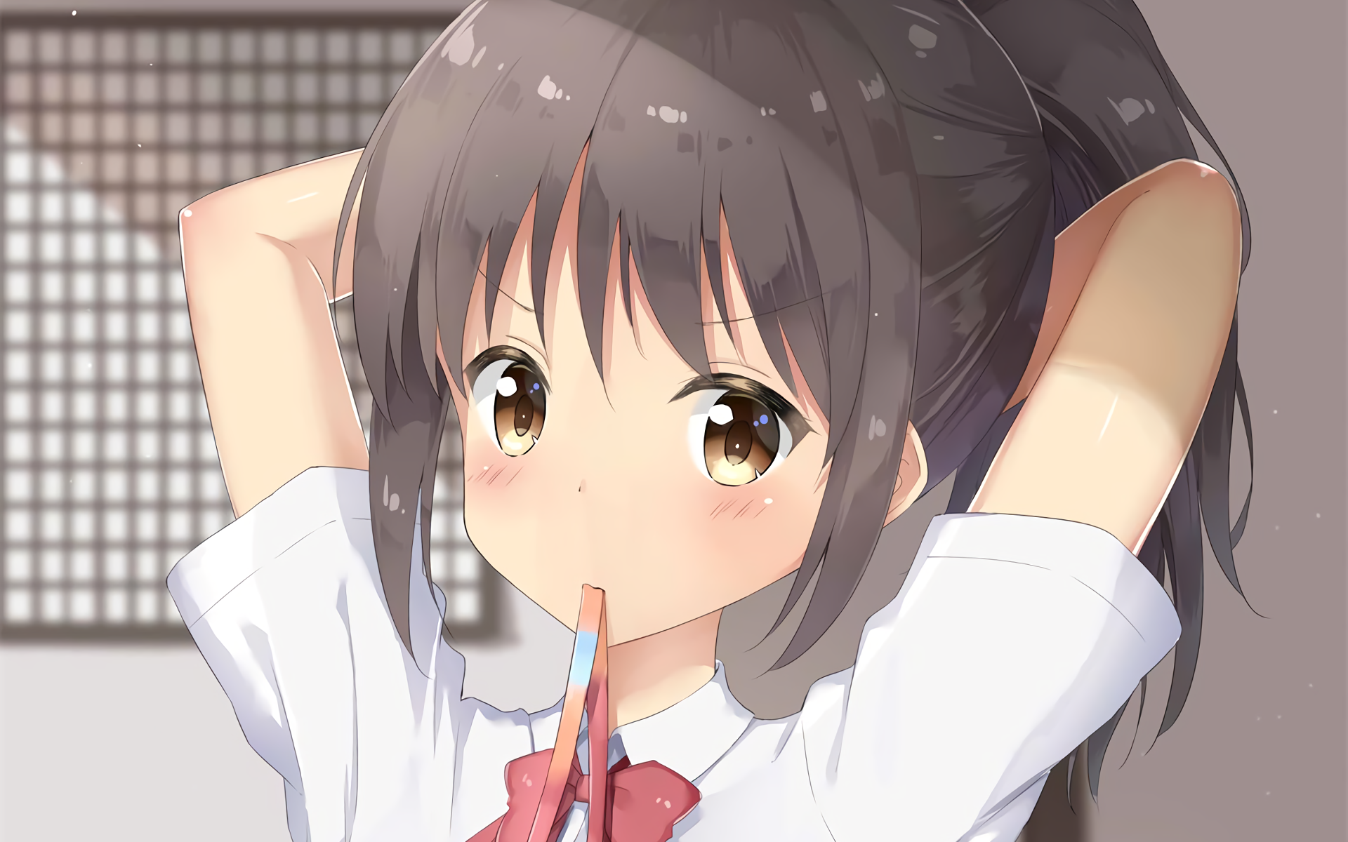 Anime character Mitsuha Miyamizu from Your Name. is tying her hair back, featured in a HD desktop wallpaper background.