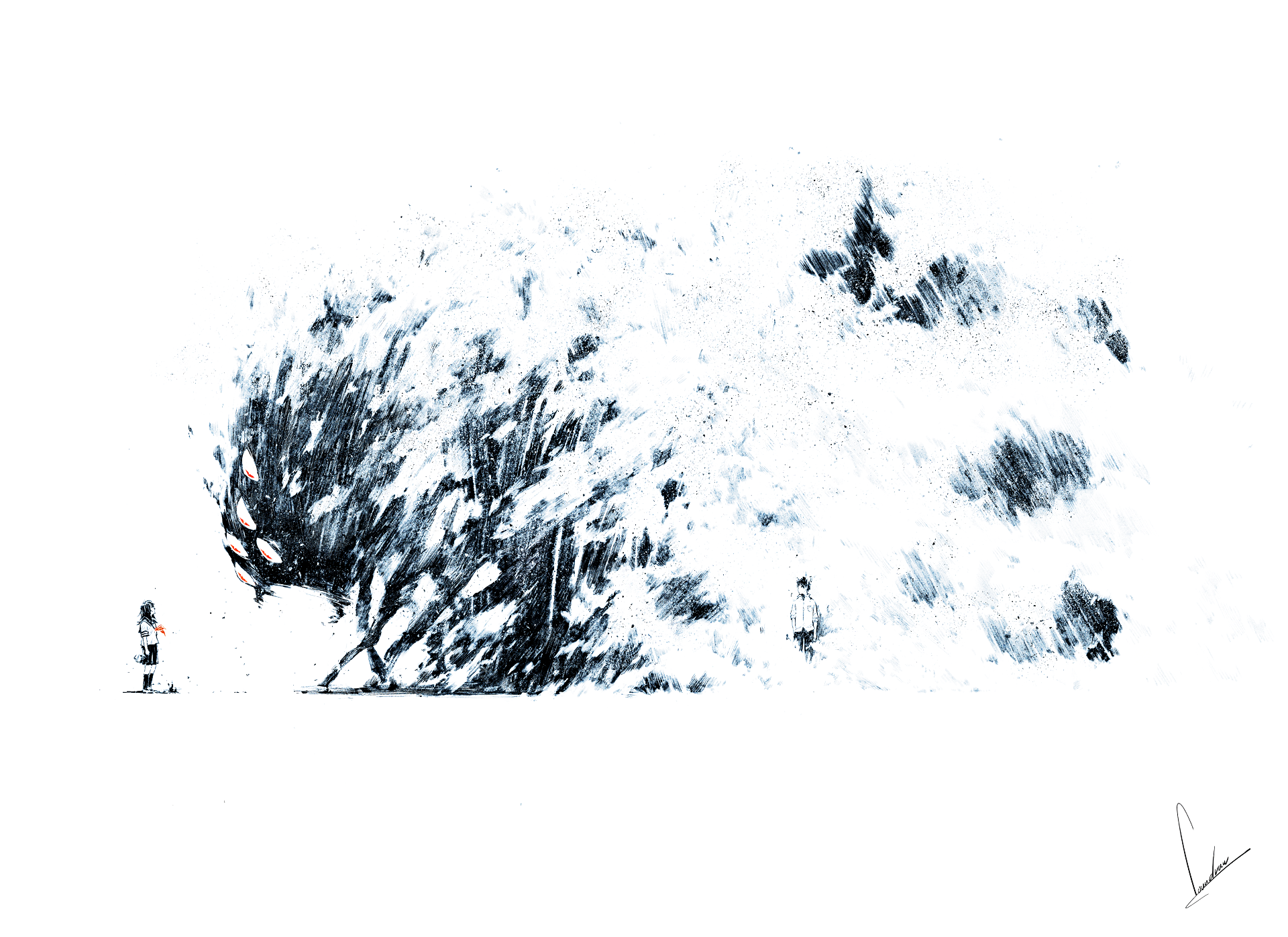 HD desktop wallpaper featuring an original anime artwork, depicting a small figure facing a large, ethereal monster amidst a snowy, abstract landscape.