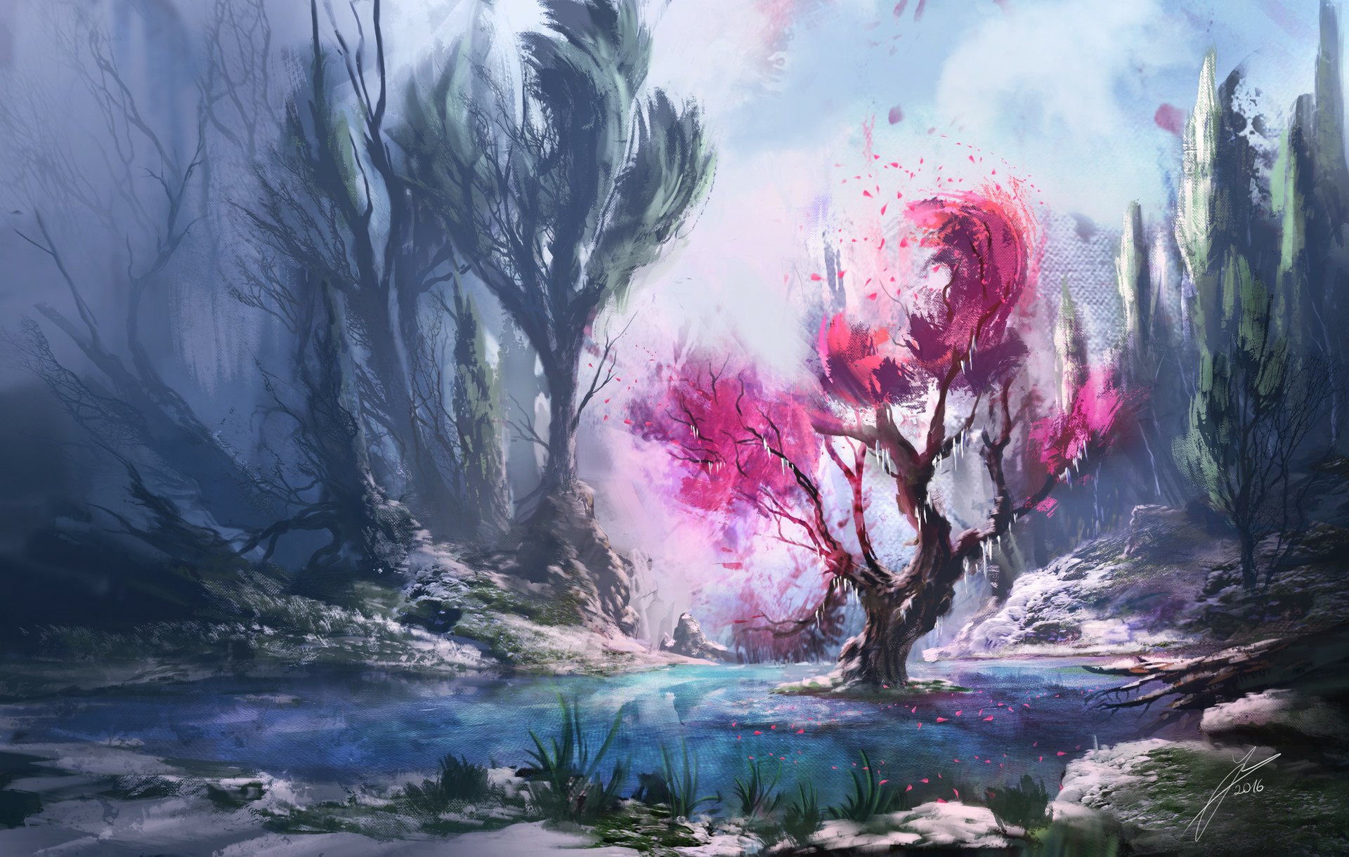 HD desktop wallpaper featuring a mystical landscape with a vibrant pink tree and serene blue river amidst ethereal trees.