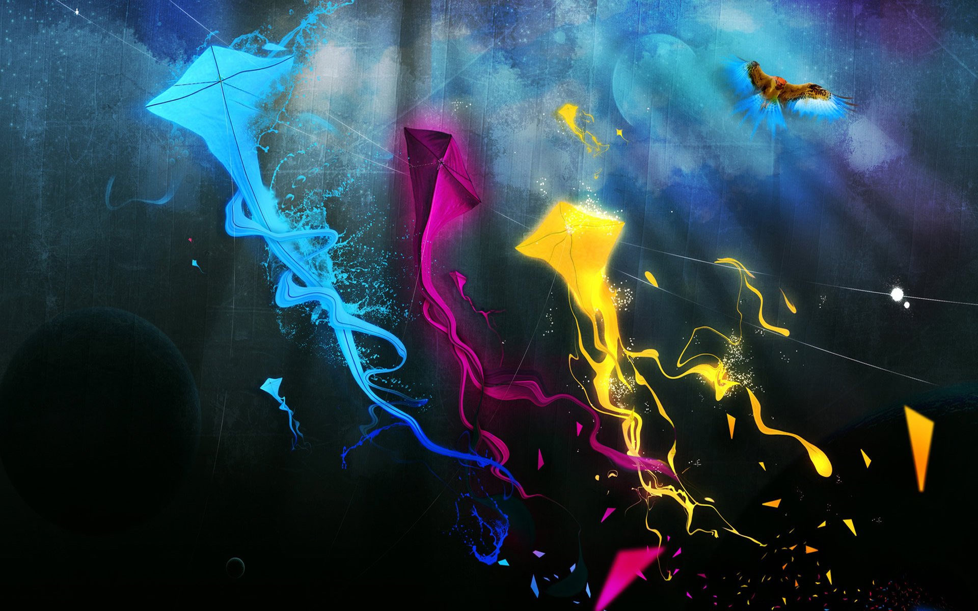 Abstract HD wallpaper featuring vibrant neon smoke and geometric shapes with a cosmic space background.