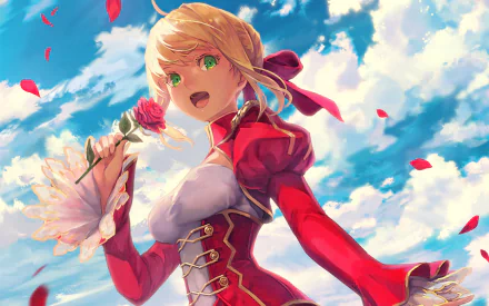 HD desktop wallpaper depicting an anime character from Fate/Extra. The character wears a red outfit, holding a rose against a background of blue sky and scattered petals.