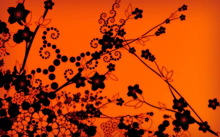 Artistic black floral patterns contrast against a vibrant orange background, creating a striking HD PC desktop wallpaper inspired by nature.