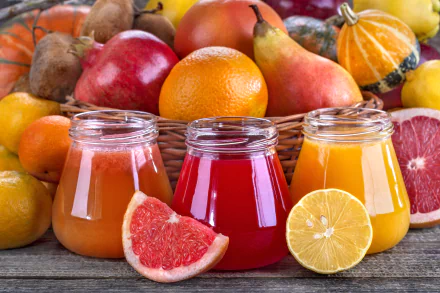 A vibrant 4K Ultra HD desktop wallpaper featuring colorful fresh fruit and three jars of juice in orange, red, and yellow hues, surrounded by assorted fruits.