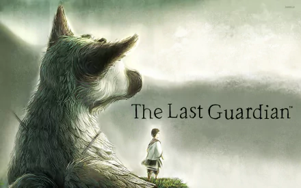 HD wallpaper featuring The Last Guardian with a mythical beast and a young boy amidst mystical ruins.