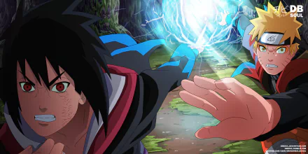 HD PC desktop wallpaper featuring Naruto Uzumaki and Sasuke Uchiha from the anime Naruto, showcasing their intense battle with vibrant action and energy effects.