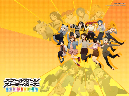 HD PC desktop wallpaper featuring vibrant anime characters from Schoolgirl Strikers: Animation Channel against an energetic orange background.