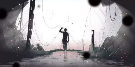 HD desktop wallpaper featuring a grey, sci-fi scene with a robot standing amidst a futuristic landscape, holding cables.