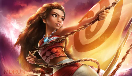 HD wallpaper featuring Moana Waialiki from the movie Moana. She has long brown hair, brown eyes, a necklace, and holds a rope in a dynamic pose against a vibrant background.