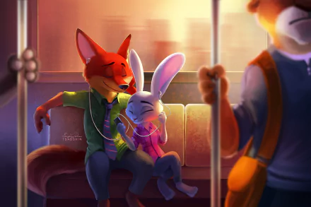 HD desktop wallpaper featuring Nick Wilde and Judy Hopps from the movie Zootopia, sitting together on a train, sharing earphones and enjoying music.