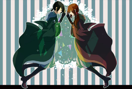 HD PC desktop wallpaper of Hori-san To Miyamura-kun anime: two cloaked characters mirroring each other over a decorative teal-and-white striped background.