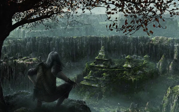 A fantasy HD desktop wallpaper featuring a human holding a sword, overlooking a rain-soaked, ancient Aztec city surrounded by mist and lush greenery.