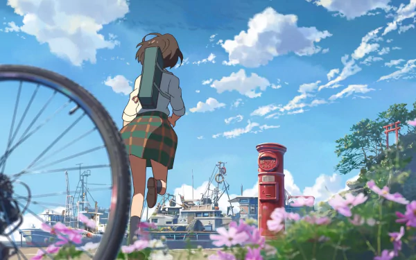 HD PC desktop wallpaper and background: Miho from Cross Road (anime) — schoolgirl walking past a bike and red postbox toward a sunlit town under a blue sky.