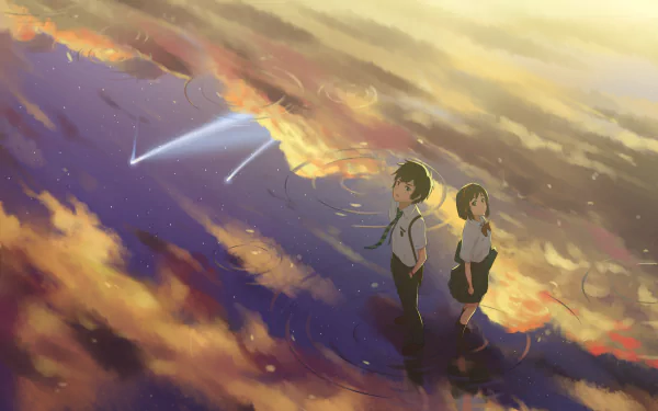 HD desktop wallpaper featuring Taki Tachibana and Mitsuha Miyamizu from the anime Your Name. The characters stand in rippling water under a vibrant, cloudy sky with a shooting star in the background.