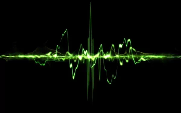 An abstract green waveform design set against a black background, creating a dynamic and modern HD desktop wallpaper and background.