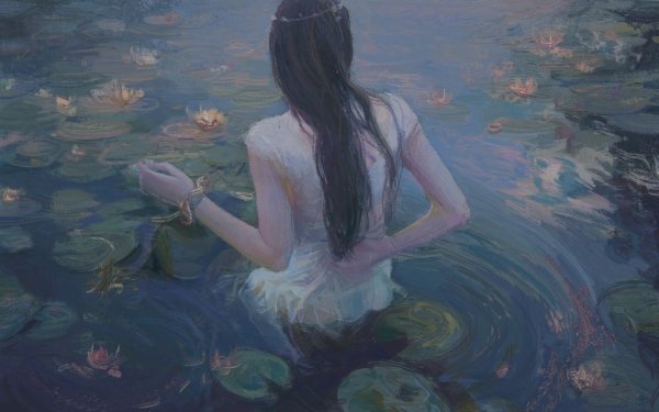 Fantasy Women Water Water Lily Long Hair Black Hair HD Wallpaper | Background Image