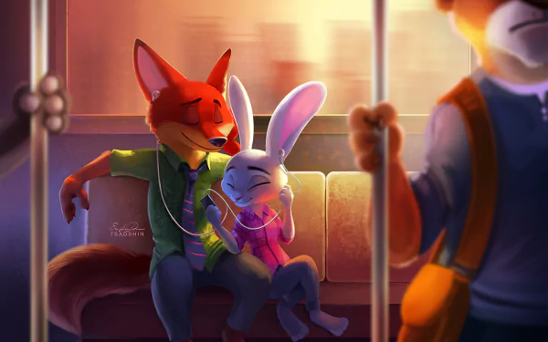 HD desktop wallpaper featuring Nick Wilde and Judy Hopps from the movie Zootopia, sitting together on a train, sharing earphones and enjoying music.