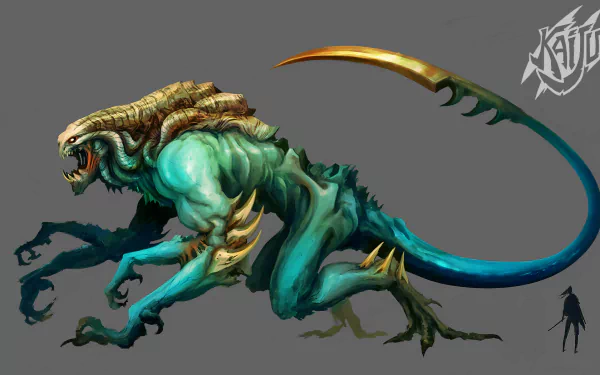 HD desktop wallpaper featuring an artistic rendering of a fierce turquoise and gold creature with a long tail and shadowy figure for scale.