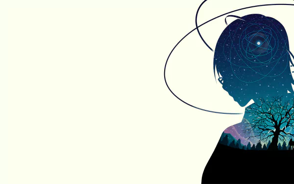 HD desktop wallpaper featuring a night sky and nature scene within the silhouette of a character from the anime Erased. The background is minimalistic with a focus on the detailed inner imagery.