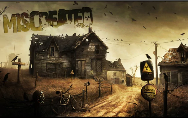 HD wallpaper featuring a post-apocalyptic Miscreated game theme with a derelict house, birds, and warning signs.