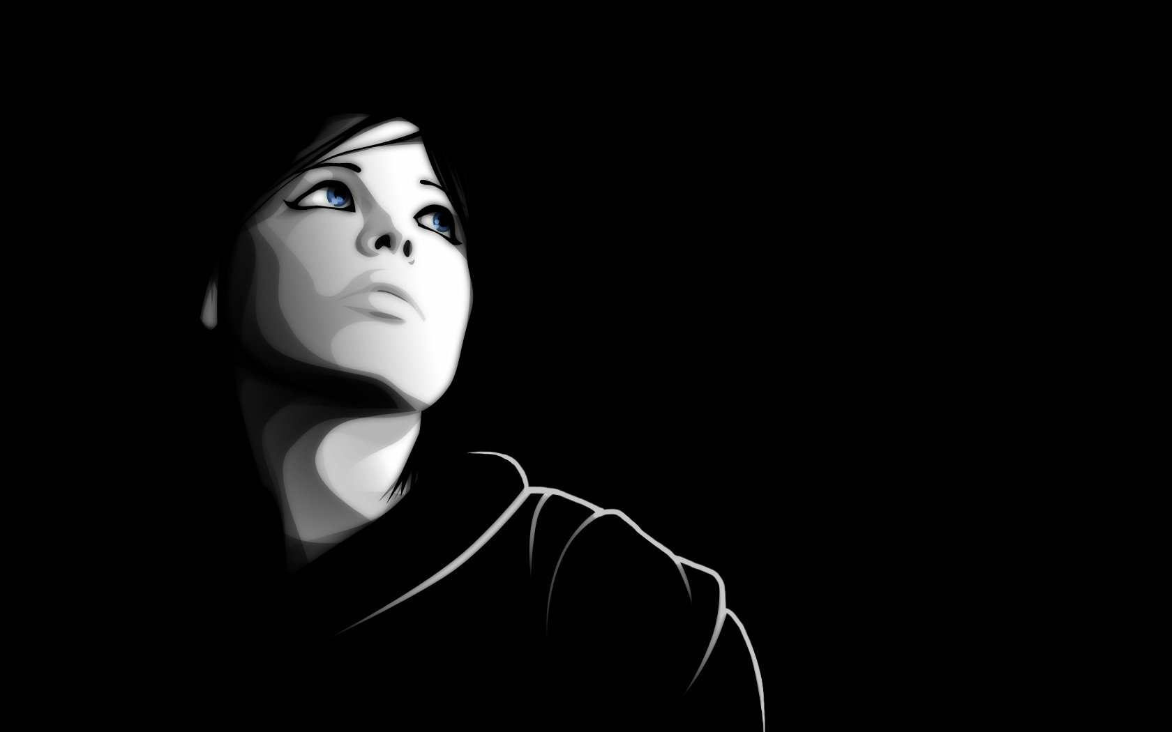 A striking artistic depiction of a woman gazing upward, set against a dark background, creating a dramatic and thought-provoking HD desktop wallpaper.