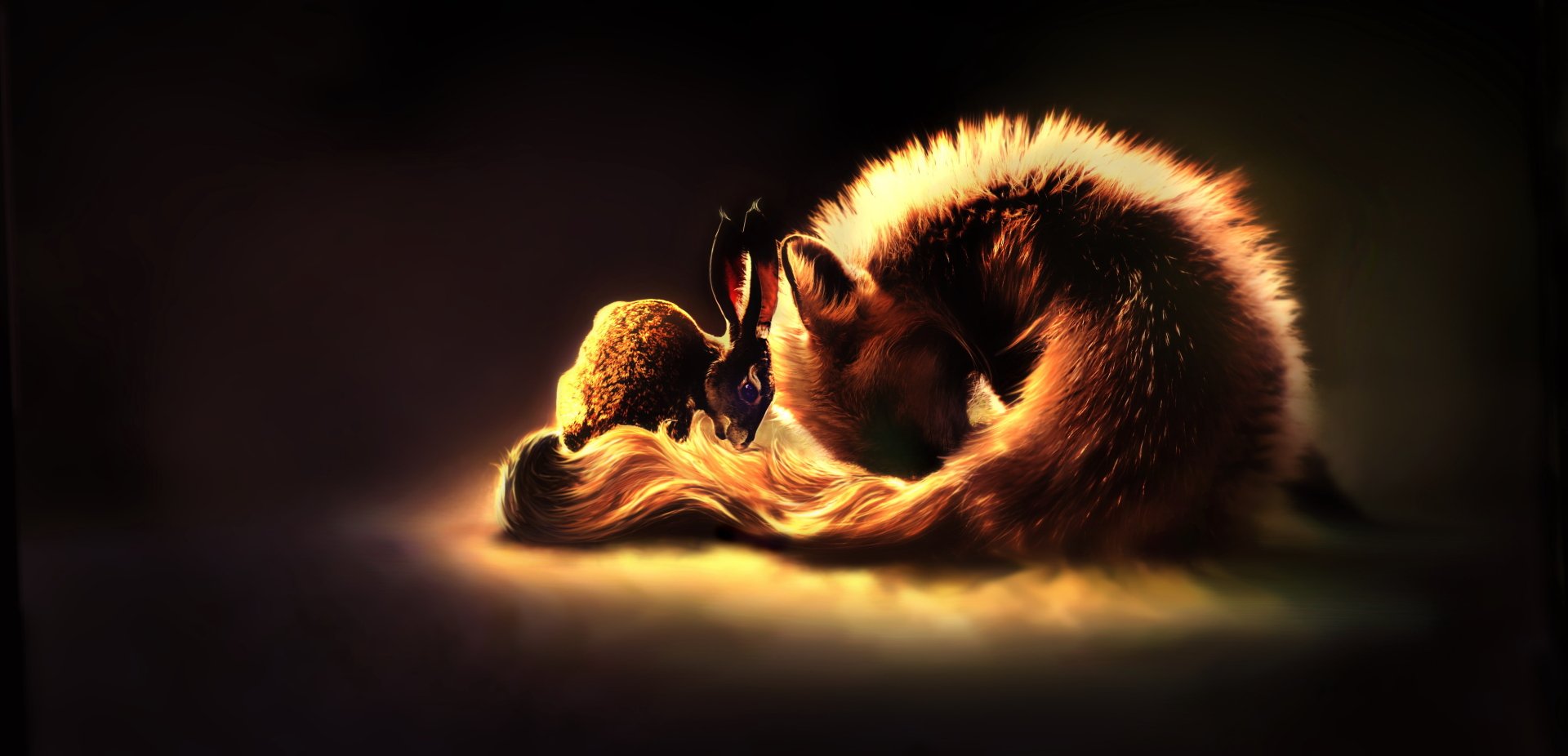 Mystical Bond: Enchanted Rabbit and Fox Fantasy HD Wallpaper
