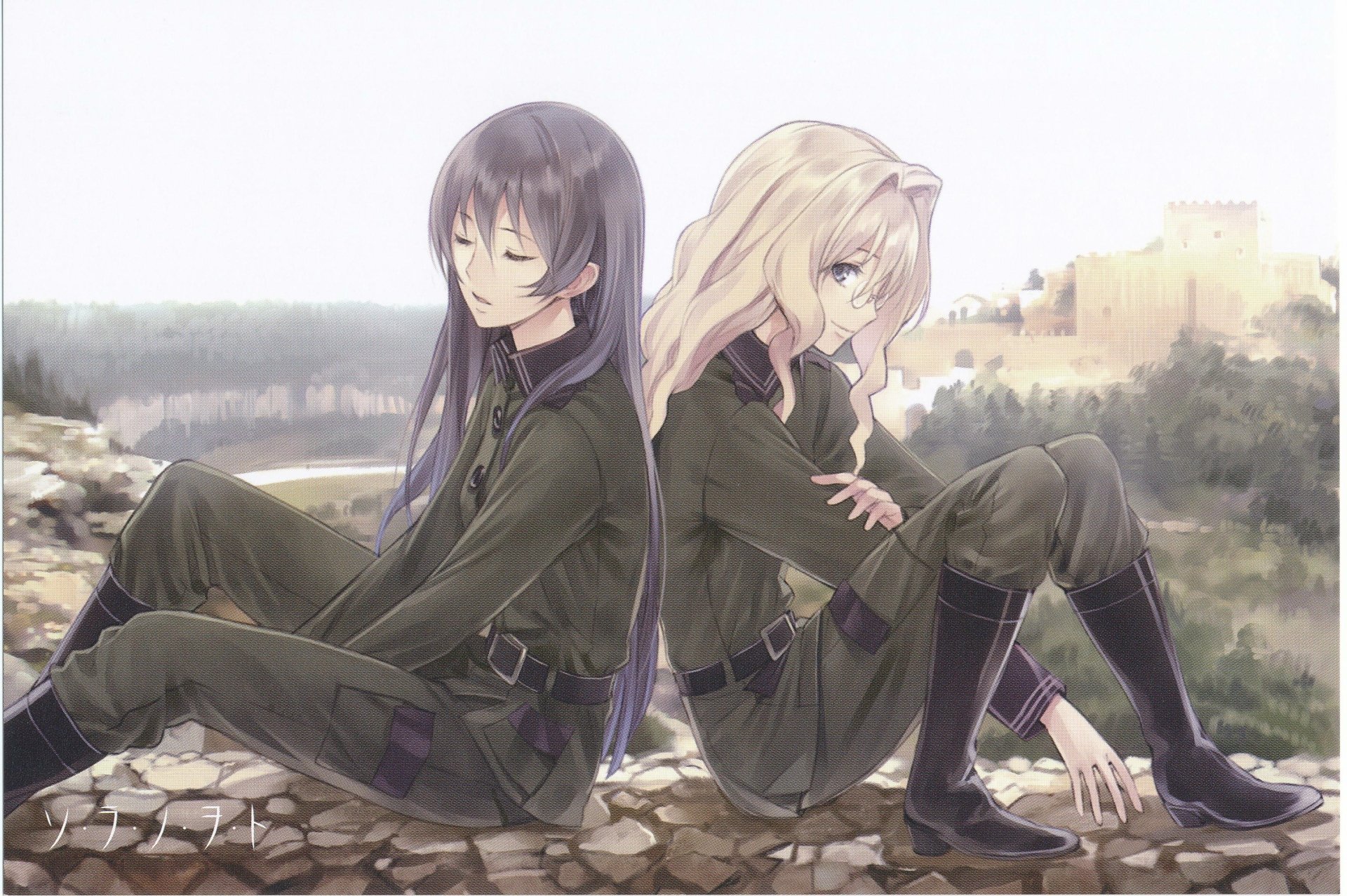 Anime Sora no Woto 2K Quad HD PC desktop wallpaper/background: two soldiers in dark uniforms sit back-to-back on a stone wall, serene countryside and a distant castle bathed in soft light.