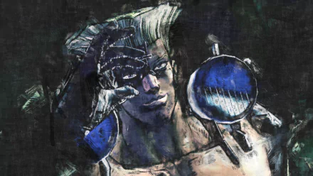 HD PC wallpaper of Rudol von Stroheim (JoJo's Bizarre Adventure) — stylized anime portrait with metallic arm, bold blue highlights and gritty brushstroke texture.