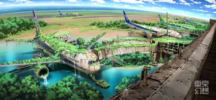 A vibrant post-apocalyptic scene featuring abandoned airplanes enveloped in lush greenery, set against a backdrop of water and grass, capturing a unique blend of nature and sci-fi elements.