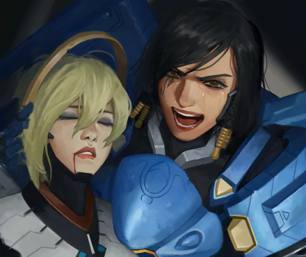 HD desktop wallpaper featuring Overwatch characters Mercy and Pharah, depicting an intense and emotional scene between them.
