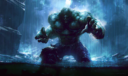 HD wallpaper featuring an intense Marvel Comics scene with Hulk and Wolverine engaged in a battle under pouring rain. The dramatic artwork showcases the raw power and tension between the two iconic characters.