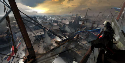Connor from Assassin's Creed III overlooking a sprawling cityscape at sunset in a detailed 4K Ultra HD video game wallpaper background.