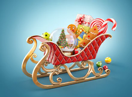 Colorful holiday sleigh filled with Christmas decorations, including a snow globe, candy canes, gingerbread cookies, and wrapped gifts on a blue background.