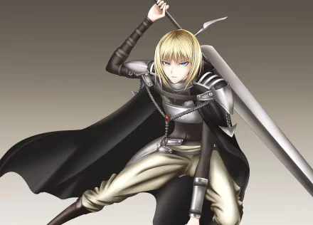 HD PC desktop wallpaper featuring Clare from the anime Claymore, depicted in dynamic pose with sword and dark cloak against a neutral background.