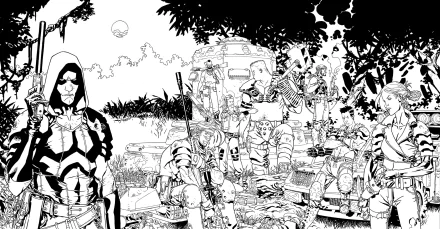 Black and white HD PC desktop wallpaper featuring a detailed comic scene from Gi-Joe: Dreadnoks Declassified with characters gathered in a forest setting.