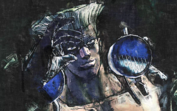 HD PC wallpaper of Rudol von Stroheim (JoJo's Bizarre Adventure) — stylized anime portrait with metallic arm, bold blue highlights and gritty brushstroke texture.