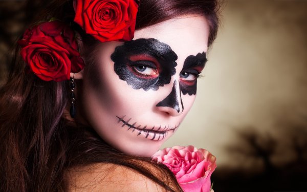 Artistic Sugar Skull Day of the Dead Face Makeup Blue Eyes Flower Rose Red Rose Brunette HD Wallpaper | Background Image