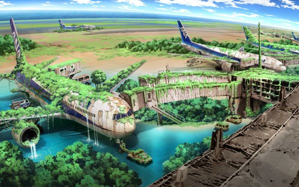 Sci Fi Post Apocalyptic Airport Airplane Jet Water Grass Forest HD Wallpaper | Background Image