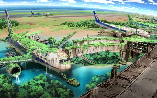 A vibrant post-apocalyptic scene featuring abandoned airplanes enveloped in lush greenery, set against a backdrop of water and grass, capturing a unique blend of nature and sci-fi elements.