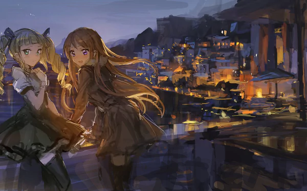 A vibrant HD desktop wallpaper featuring characters from the anime Aikatsu!, set against a picturesque nighttime cityscape with glowing lights and a serene atmosphere.
